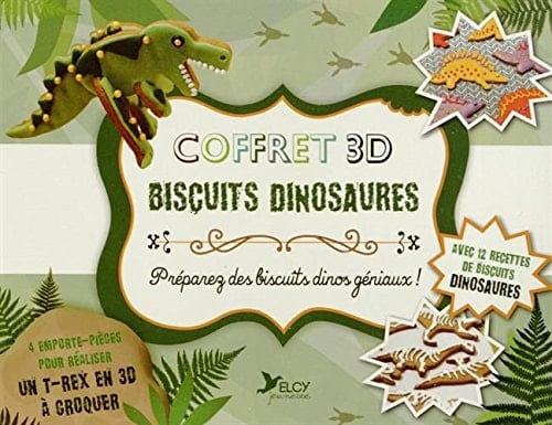 Coffret 3D Biscuits dinosaures Un Livre de recette avec 4 emporte-pièces pour réaliser un T-rex en 3D à croquer