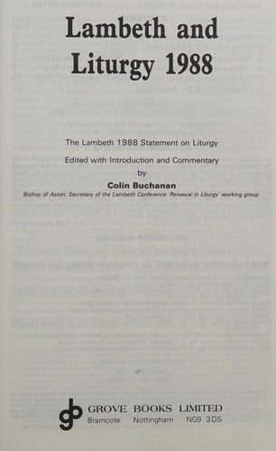 Lambeth and Liturgy 1988 The Lambeth 1988 Statement on Liturgy
