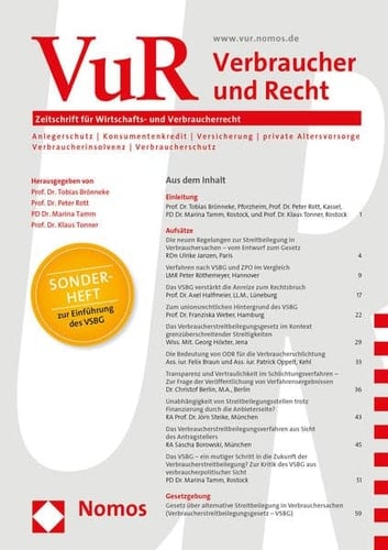 Verbraucher Und Recht (Vur): Vur-Sonderheft Zur Einfuhrung Des Vsbg (German Edition)