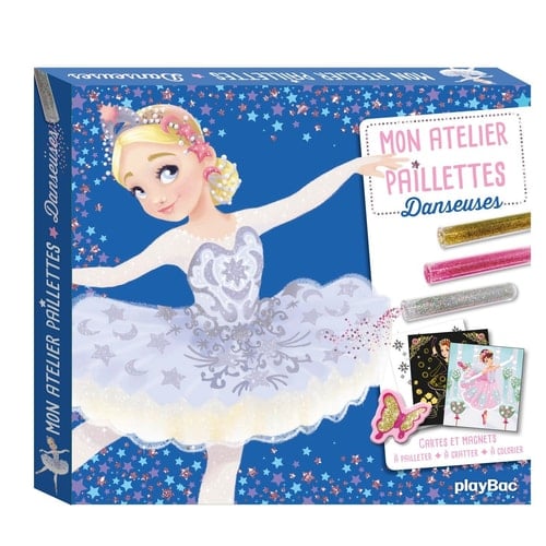 Mon atelier paillettes Danseuses Cartes et magnets à pailleter, à gratter, à colorier. Avec 3 tubes de paillettes, 1 stylet malin double embout, 14 magnets, 5 cartes, 5 coloriages