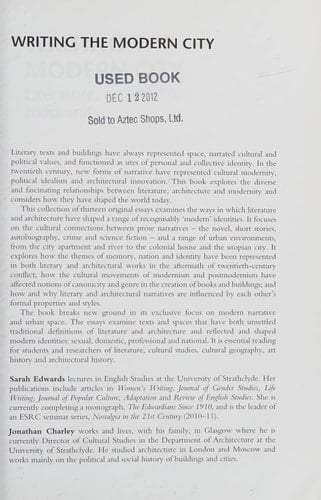Writing the Modern City: Literature, Architecture, Modernity