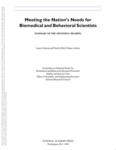 Meeting the Nation's Needs for Biomedical and Behavioral Scientists Summary of the 1993 Public Hearings