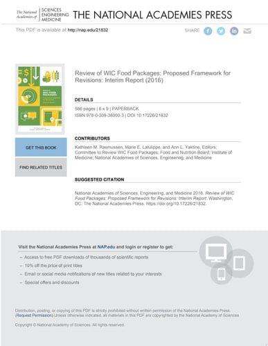 Review of WIC Food Packages Proposed Framework for Revisions: Interim Report