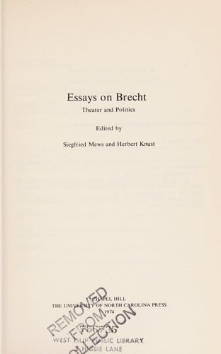 Essays on Brecht (North Carolina, University Studies in the Germanic Languages and Literatures : No 79)