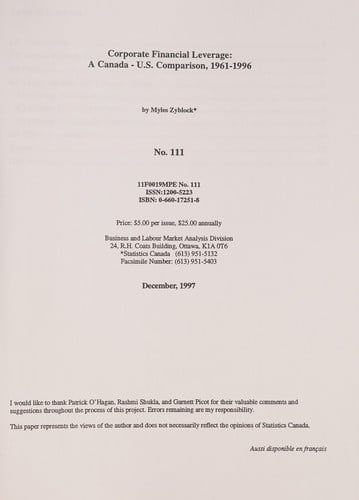 Corporate Financial Leverage [electronic Resource] : a Canada-U.S. Comparison, 1961-1996