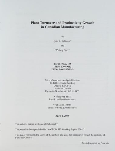 Plant Turnover and Productivity Growth in Canadian Manufacturing