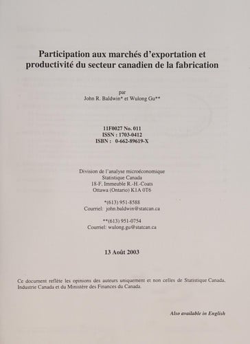 Participation aux marchés d'exportation et productivité du secteur canadien de la fabrication