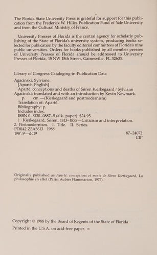 Aparte: Conceptions and Deaths of Soren Kierkegaard (Contemporary Poetry (Univ of Georgia Paperback))