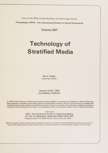 Technology of Stratified Media: January 19-20, 1983, Los Angeles, California (Proceedings of S P I E)