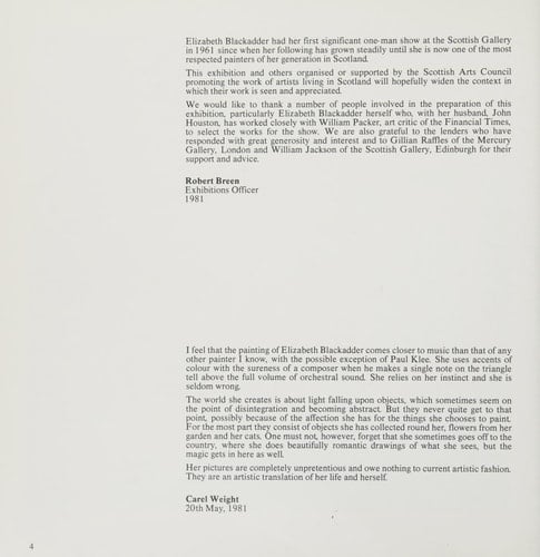 Elizabeth Blackadder: A Scottish Arts Council Exhibition, 1981