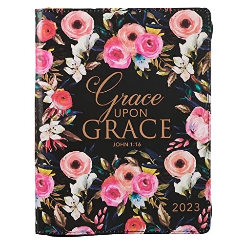 Christian Art Gifts 2023 - 18-Month Women's Faux Leather Personal Planner with Zipper Closure: Grace Upon Grace - John 1:16 Inspirational Bible Verse, Aug 2022-Jan 2024, Multicolored Floral, Large