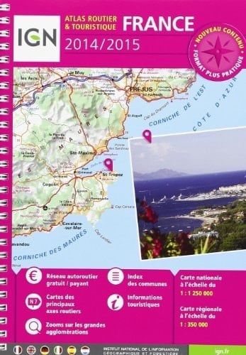 France 1 : 250 000. IGN Atlas routier et touristique 2014/2015 Réseau autoroutier gratuit / payant. Zooms sur les grandes agglomérations. Plans des villes avec des rues. Index de toutes les communes. Informations touristiques détaillées