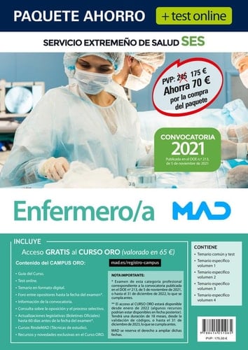 Paquete Ahorro + TEST ONLINE Enfermero/a Servicio Extremeño de Salud. Ahorra 70 € (incluye Temario común y test; Temarios específicos volúmenes 1, 2, 3 y 4; acceso Curso Oro)