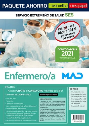 Paquete Ahorro + TEST PAPEL Enfermero/a Servicio Extremeño de Salud. Ahorra 101 € (incluye Temario común y test; Temarios específicos volúmenes 1, 2, ... examen; y acceso Curso Oro con test online)