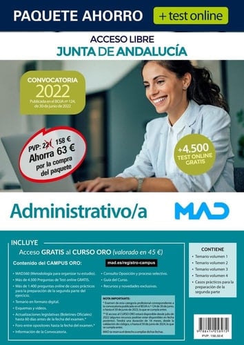 Paquete Ahorro + TEST ONLINE Administrativo/a Junta de Andalucía Turno Libre. Ahorra 63€ (incluye en papel: Temario volúmenes 1, 2, 3 y 4; Casos ... parte; y acceso online gratis al Curso Oro)