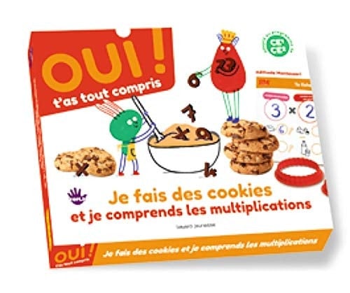 Je fais des cookies et je comprends les multiplications Contient : 1 livre d'activités, 1 carte explicative, 2 damiers Montessori, 2 emporte-pièces, 1 feutre effacable, 1 fiche recette, 1 cuillère, 1 tablier