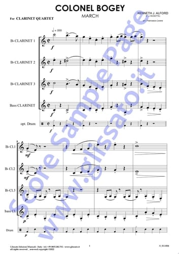 Bb Piccolo Clarinet (instead Bb1) part of "Colonel Bogey" for Clarinet Quartet March