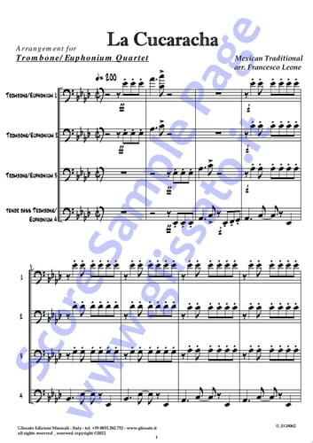 Trombone/Euphonium 3 part of "La Cucaracha" for Quartet The Cockroach