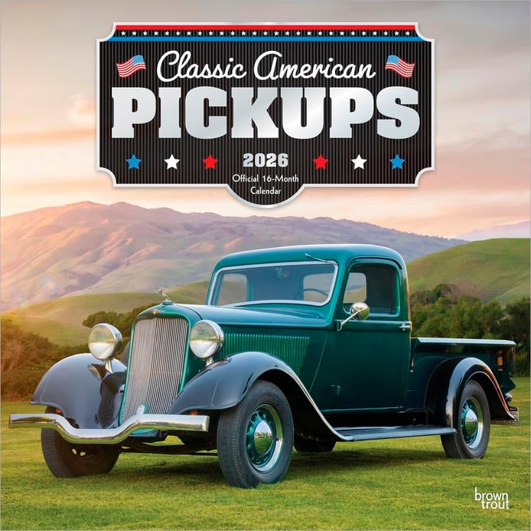 Classic American Pickups OFFICIAL | 2026 12 x 24 Inch (Hanging) Monthly Square Wall Calendar | Foil Stamped Cover | Plastic-Free | BrownTrout | Chevrolet Motor Truck Ford GMC