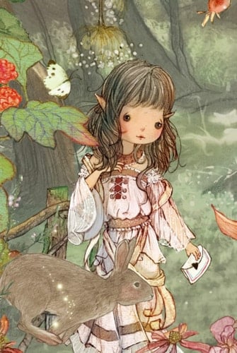 Adorable Elf Girl with Letter and Rabbits in Forest Blank Journal