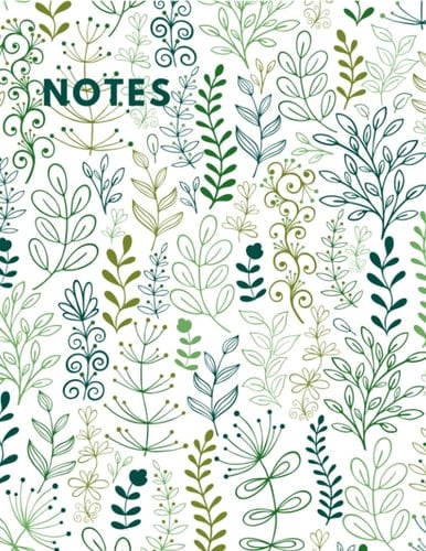 Floral leaf pattern design notebook. Use for journaling, lists, organisation, notes, stories. 8.5x11 inch. 120 pages. Wide ruled.