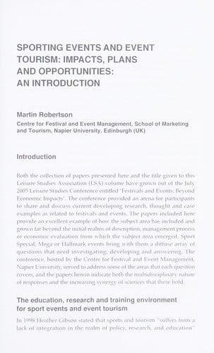 SPORTING EVENTS AND EVENT TOURISM: IMPACTS, PLANS AND OPPORTUNITIES; ED. BY MARTIN ROBERTSON