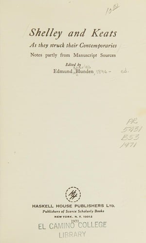 Shelley and Keats, as they struck their contemporaries