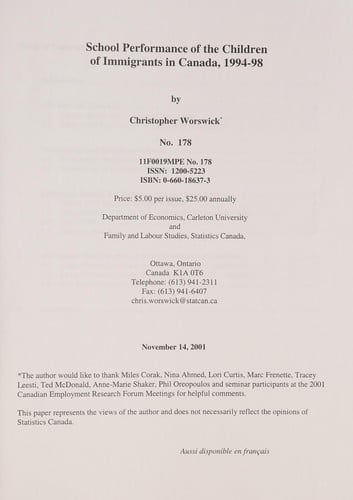School performance of the children of immigrants in Canada, 1994-98