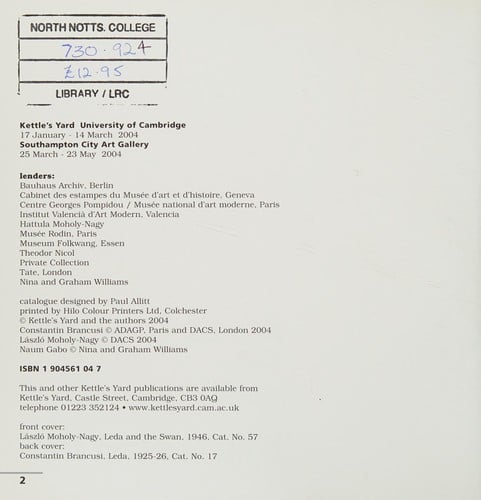 IMMATERIAL: BRANCUSI, GABO, MOHOLY-NAGY; SEBASTIANO BARASSI...ET AL