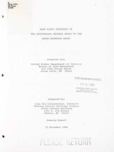 Rare plant inventory of the outstanding natural areas of the Rocky Mountain Front