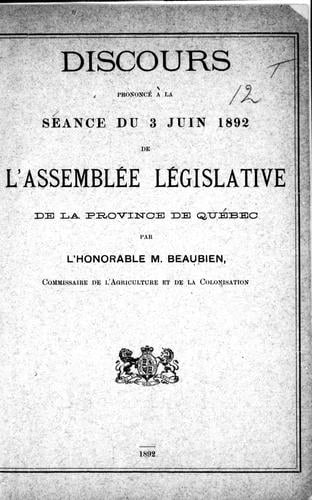 Discours prononcé à la séance du 3 juin 1892 de l'Assemblée législative de la province de Québec