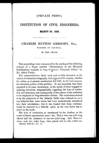 Institution of Civil Engineers, March 30, 1858