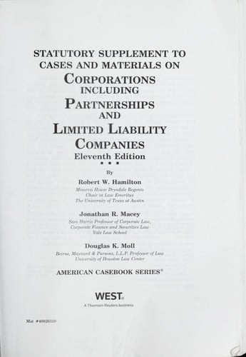 Statutory supplement to Cases and materials on corporations, including partnerships and limited liability companies, eleventh edition