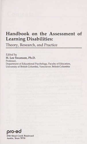 Handbook on the assessment of learning disabilities : theory, research, and practice