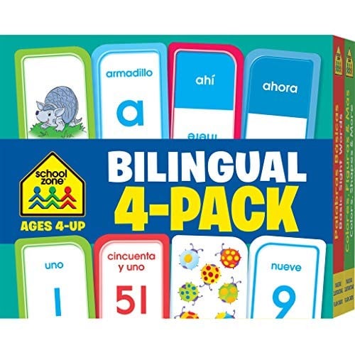 School Zone - Bilingual Spanish/English Flash Cards 4 Pack - Ages 4+, Preschool to Kindergarten, ESL, Language Immersion, ABCs, Sight Words, and More