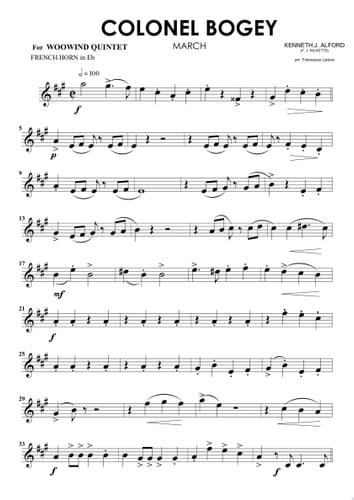 French Horn in Eb part of "Colonel Bogey" for Woodwind Quintet March