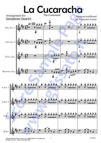 Bb Soprano Sax (instead Alto Sax) part of "La Cucaracha" for Saxophone Quartet The Cockroach