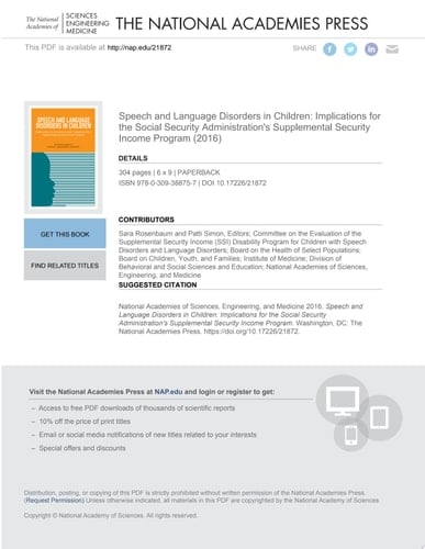 Speech and Language Disorders in Children Implications for the Social Security Administration's Supplemental Security Income Program