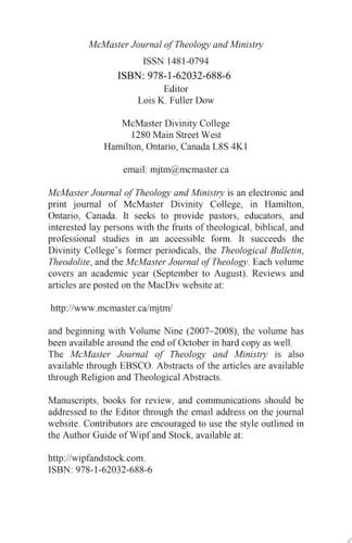McMaster Journal of Theology and Ministry: Volume 13, 2011–2012