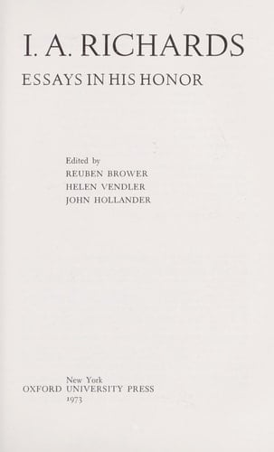 I.A. Richards: Essays in His Honor
