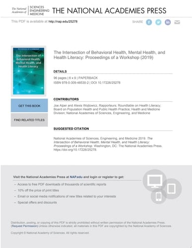 The Intersection of Behavioral Health, Mental Health, and Health Literacy Proceedings of a Workshop