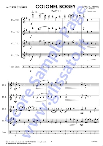 C Flute 1 part of "Colonel Bogey" for Flute Quartet March