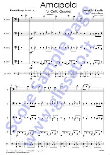 Optional Drum part of "Amapola" for Cello Quartet Tango/Rhumba