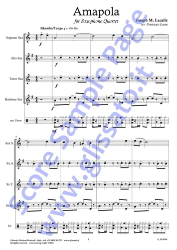 Bb Tenor Sax part of "Amapola" for Saxophone Quartet Tango/Rhumba