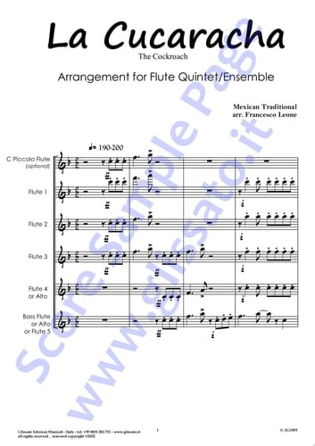 C Flute 1 part of "La Cucaracha" for Flute Quintet/Ensemble The Cockroach
